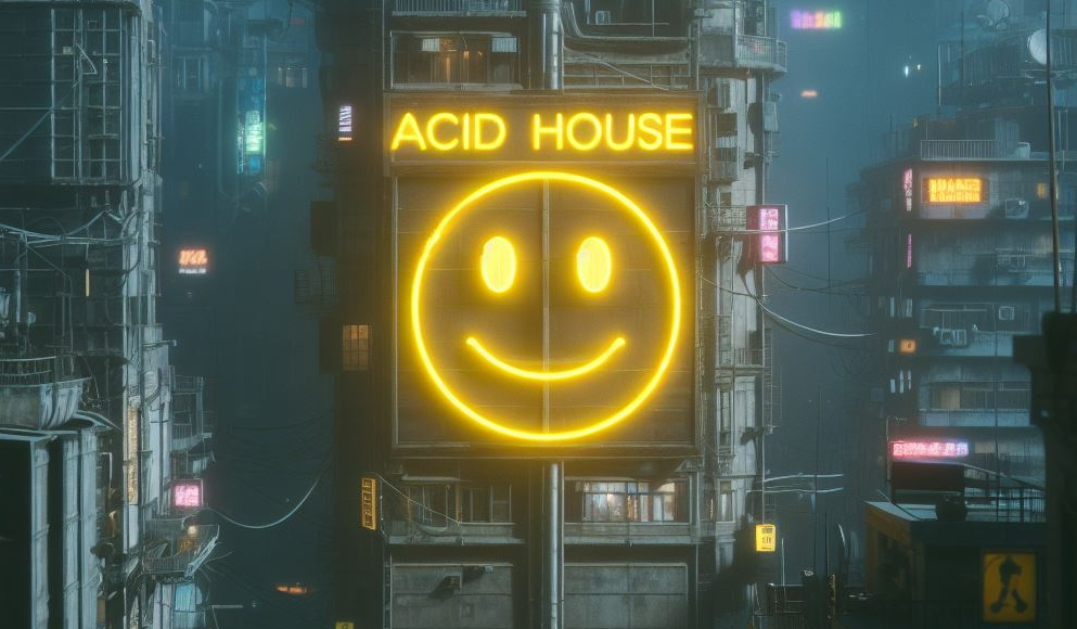 image for Bluesky API testing: a neon acid house sign on a Blade Runner inspired building