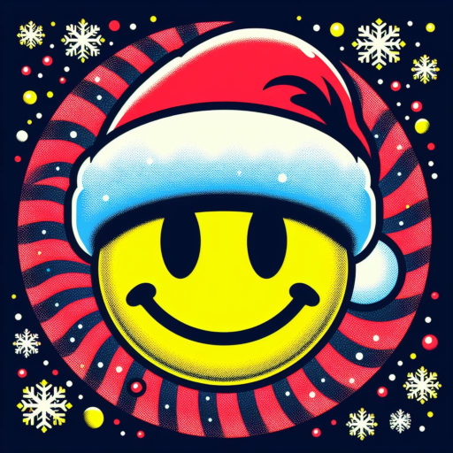 An acid smiley face wearing a santa hat with snowflakes in the background