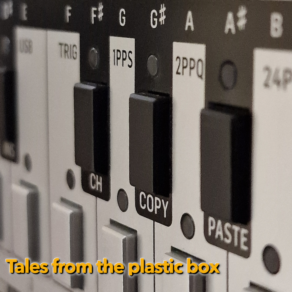 Tales from the plastic box cover image - a closeup of a Behringer TD-3