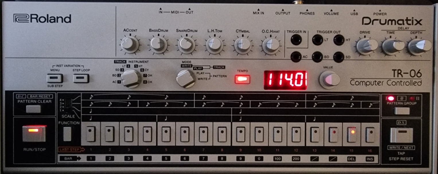 Picture of a Roland TR-06 drum machine. The tempo is 114 BPM.