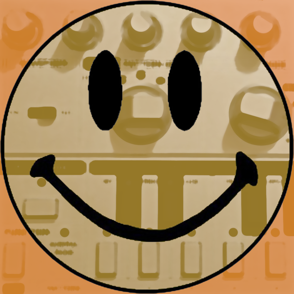 Smiley face overlaid on a blurred segment of a Behringer TD-3